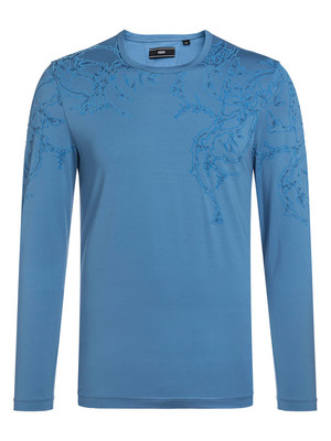 【18秋冬新款】VERRI/VERRI植絨工藝圖案,栩栩生動,圖案效果飽滿的藍色棉質(zhì)圓領修身款長袖T恤-男士長袖T恤